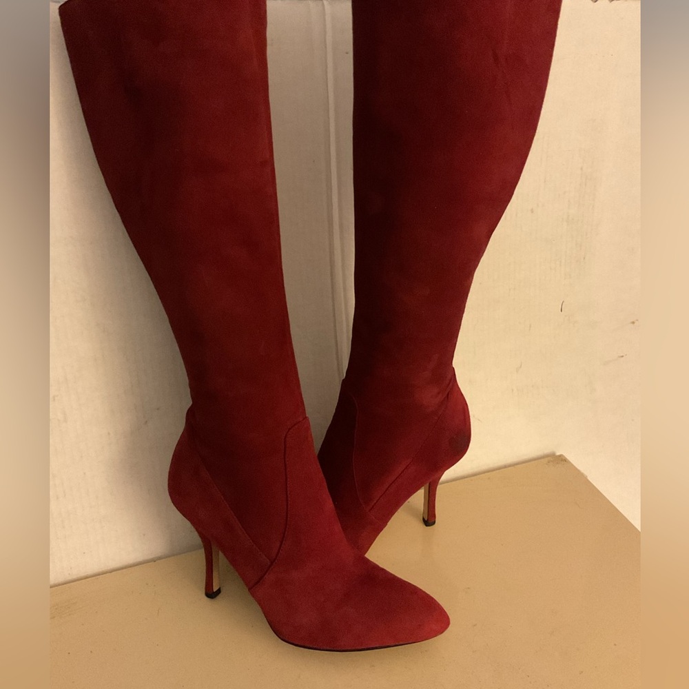 Women's Red Suede Knee-High Stiletto Boots
